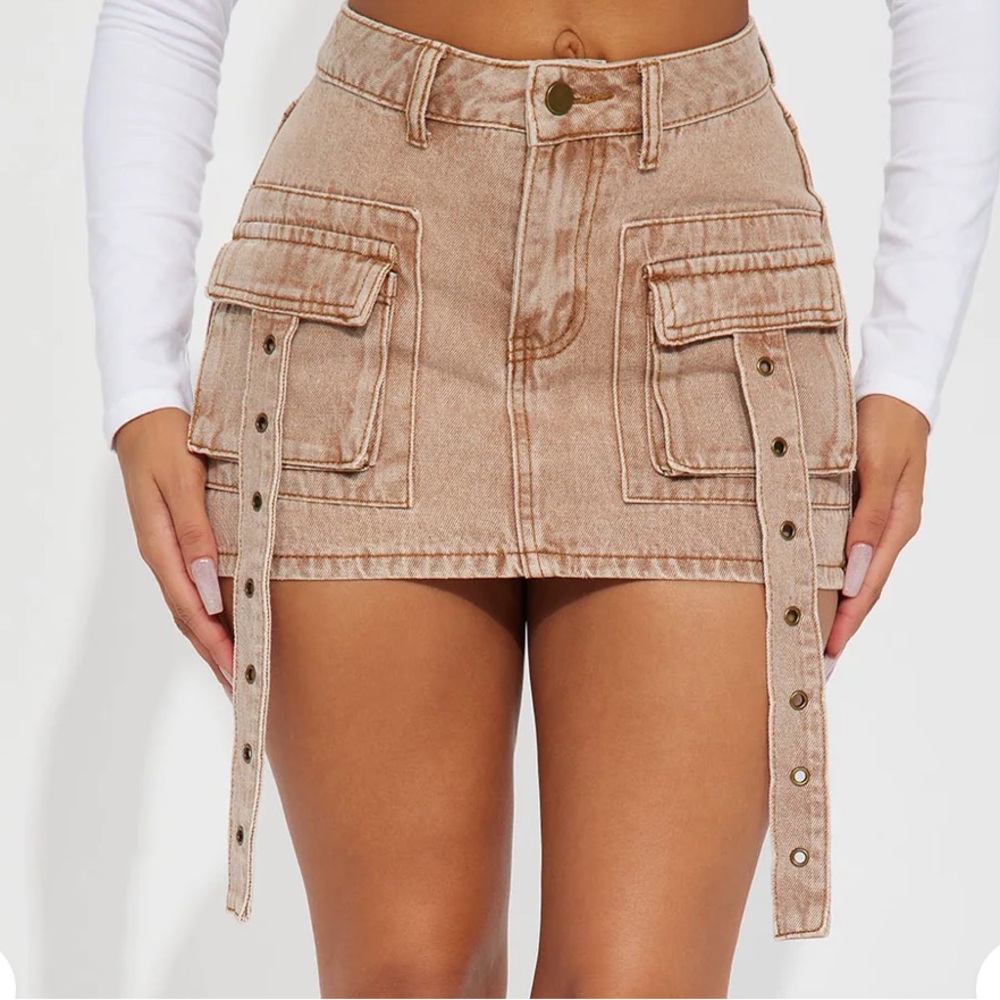 Fashion Nova Tan Mini Skirt with Strap Accents